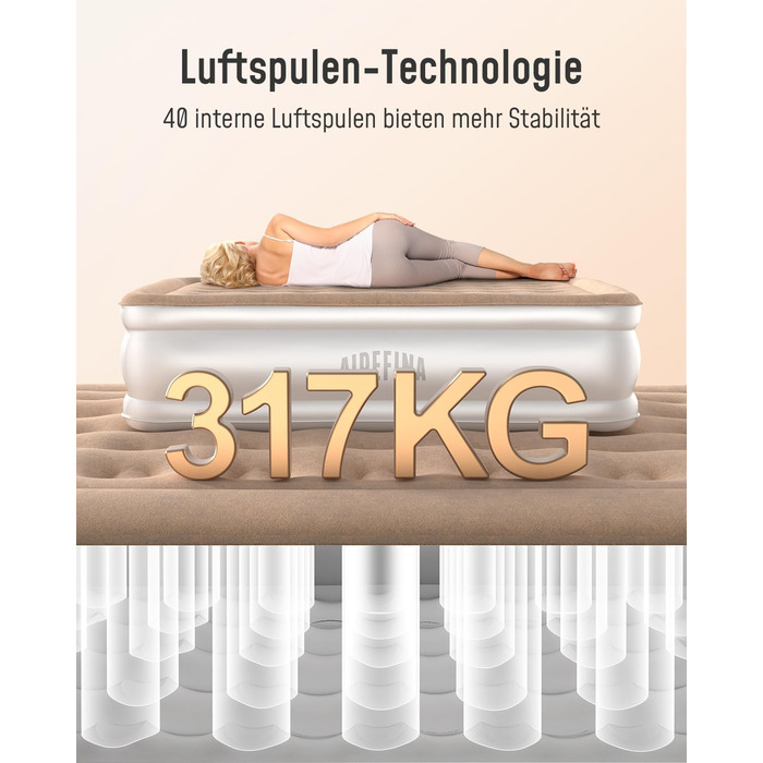 Самонадувальний надувний матрац Airefina з вбудованим насосом, преміальне гостьове ліжко, швидке надування за 3 хвилини, надувний матрац для кемпінгу та домашнього використання - 203 x 152 x 40 см