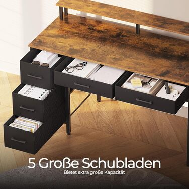 Комп&39ютерний стіл Seventable з розетками та світлодіодним освітленням, ігровий стіл 120 см з 5 шухлядами, ігровий стіл з підставкою для монітора, для офісу, кабінету, спальні, вітальні, вінтажний коричневий, 120 см