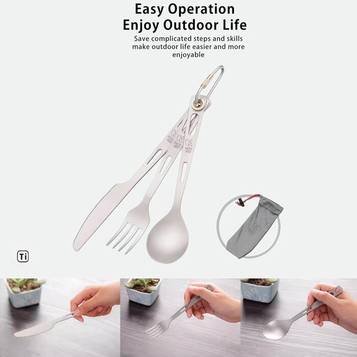 Набір столових приборів KEITH Titanium 3-в-1 для кемпінгу, ложка, виделка, ніж, із сумкою для зберігання