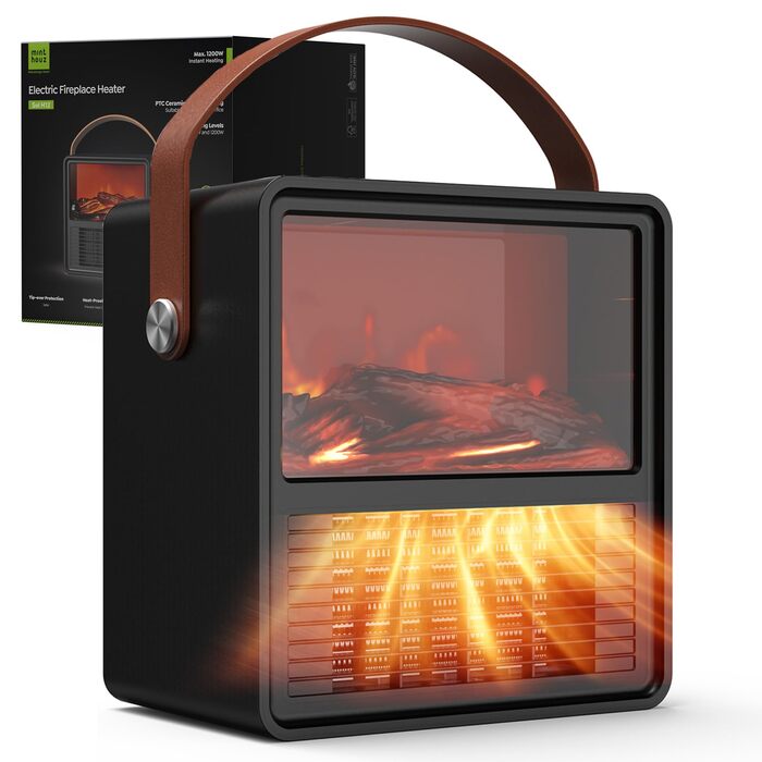 Електричний вентилятор-обігрівач Minthouz 1200 Вт/800 Вт, керамічний обігрівач з 3D-ефектом полум&39я, регульований термостат, енергоефективний, із захистом від перегріву та перекидання для спальні та офісу