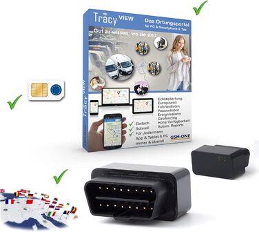 Комплект миттєвого запуску Tracy-OB12 Компактний GPS-трекер OBD2 для автомобіля/вантажівки, включаючи відстеження в ЄС, попередньо встановлену SIM-карту, портал і додаток. 12 місяців повного покриття. Підключіть, і вперед