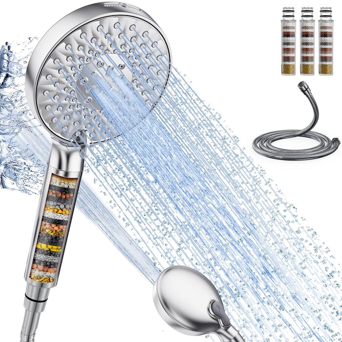Душова лійка SR SUN RISE з фільтром, шланг та картриджі для фільтрації, 9 режимів розпилення з 4-ступеневим фільтром води, високий тиск для жорсткої води, видаляє залишковий хлор, важкі метали та бактерії, хромоване покриття з іонами срібла