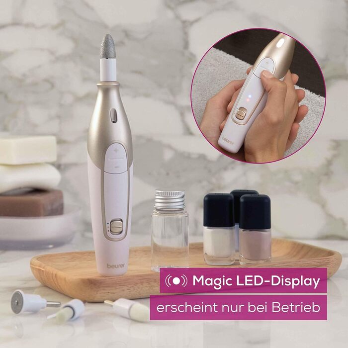 Набір для манікюру/педикюру Beurer MP 64, електричний набір для догляду за нігтями з акумулятором, 10 насадок для догляду за нігтями для красивих рук і ніг, зі світлодіодним підсвічуванням, один розмір, білий і золотий З футляром для зберігання