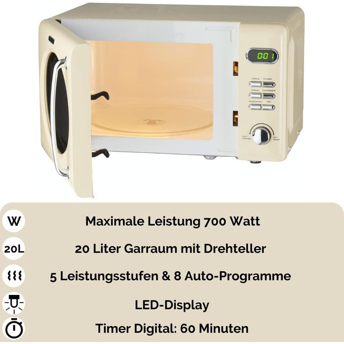 Мікрохвильова піч Wolkenstein Retro Stand WMW720 I 700 Вт Потужність мікрохвильової печі I 20 л Варильний простір i5 Рівні продуктивності I 8 програм приготування Функція розморожування I Металевий корпус I Поворотний стіл (24,5 см) I Світлодіодний диспле