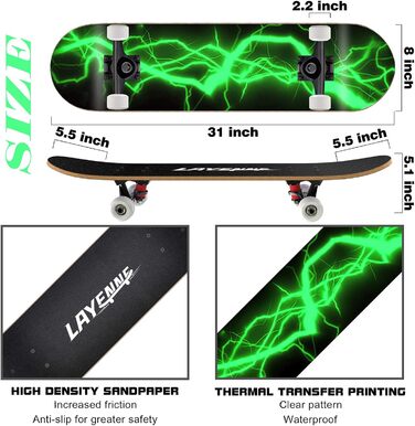 Скейтборд LAYENNE Pro Lightning 31x8" 7-шаровий клен ABEC-11 95A – повний компліт з магнієво-алюмінієвими траками, дизайн блискавки, до 150 кг