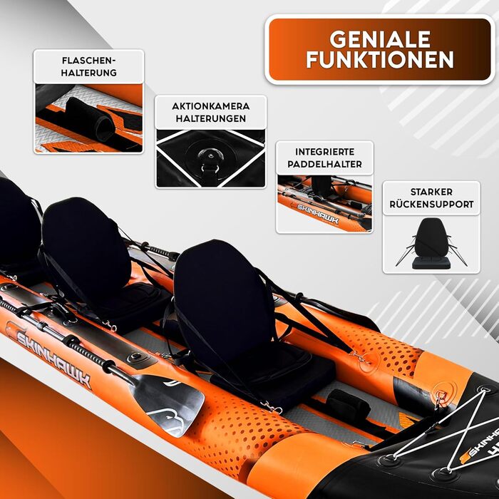 Ексклюзивний помаранчевий набір для каяків SKINHAWK 480 - Надувний човен - Каное - 480 x 96 см - 3-місний каяк. Набір для каяків Skinhawk 480 з алюмінієвим веслом