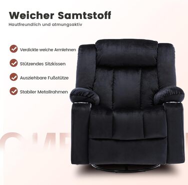 Ручне поворотне крісло-реклайнер для дорослих з регульованою спинкою та підставкою для ніг, крісло-шезлонг на 360 для вітальні, м&39яка тканина, ергономічне, чорний колір