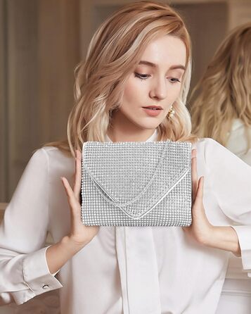 Сріблясте клатч-зчеплення з кристалами та знімним ланцюжком для вечірки, весілля, балу або банкету 06258