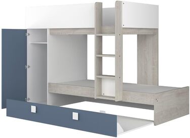 Двох'ярусне ліжко для двох дітей з висувним ліжком і шафою Колір білий потертий і блакитний
