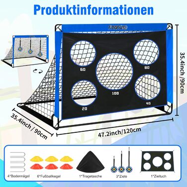 Футбольні ворота, стіна-мішень для дітей, вуличні футбольні ворота для дітей зі стіною-мішенню, висувні ворота 3-в-1 з 5 лунками для стрільби та сумкою для перенесення, кілки для землі, 3 мішені та 6 перешкод, сині
