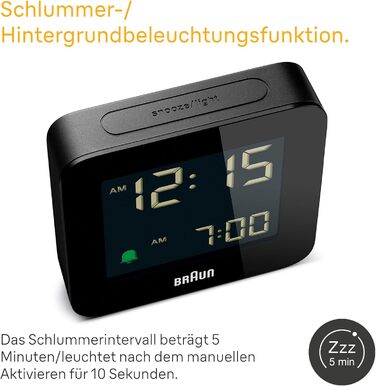 Цифровий будильник Braun з функцією повтору, негативним РК-дисплеєм, функцією швидкого налаштування, будильником Crescendo чорного кольору, модель BC09B. 1 упаковка
