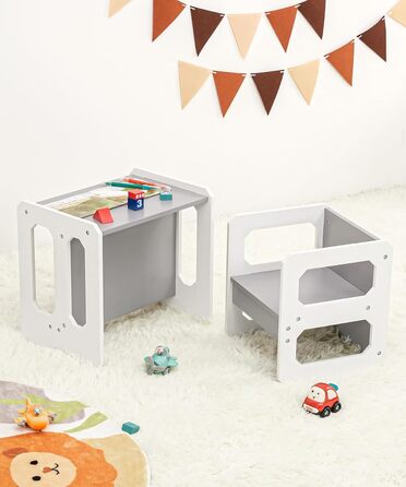 Комплект столу та стільців Yorbay для дітей, Дитячий стіл з 1 стільцем, Дитячий комплект сидіння 3 в 1 - Двосторонній стілець та дитяча лавка, що трансформується в робочу станцію, Дитячі меблі (Сірий, M) Сірий середній