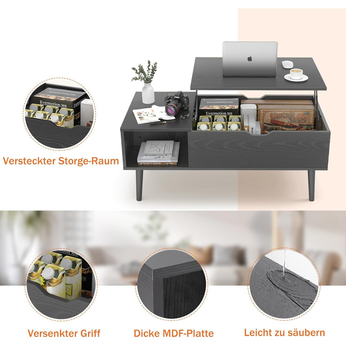 Журнальний столик Sweetcrispy з регульованою висотою, стіл для вітальні, журнальний столик з відкритим та прихованим місцем для зберігання, журнальний столик-диван, бічний столик, дерев&39яний столик-диван 100 x 50 см для вітальні, чорний/темно-чорний