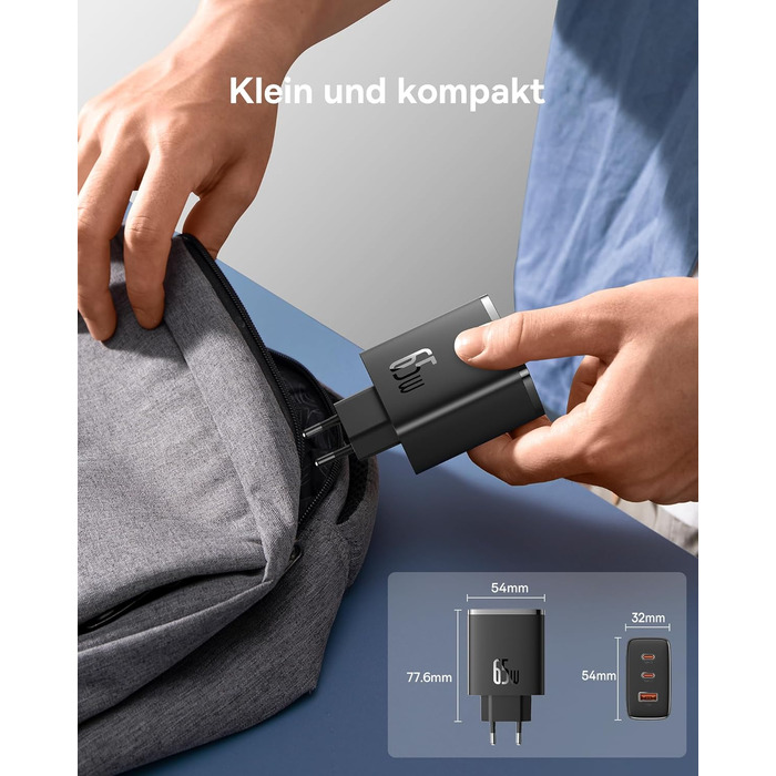 Зарядний пристрій Baseus USB C, 65 Вт адаптер живлення USB C, 3-портовий зарядний пристрій PD з PPS, швидкий зарядний пристрій GaN
