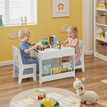 Дитячий стіл Xbro з 2 стільцями, дитячий стіл для малювання 4-в-1 з місцем для зберігання, багатофункціональний дерев&39яний дитячий комплект сидіння з книжковою полицею, для дітей віком від 3 років, 61,5 61,5 48 см, сірий