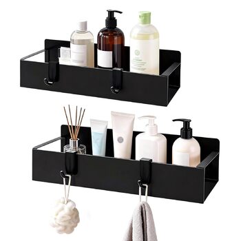 Полиці для душу без свердління, чорні, водостійкий органайзер для ванної кімнати, полиця для шампуню та гелю для душу, кошик для душу з матового чорного металу з тримачем та 4 гачками, 2