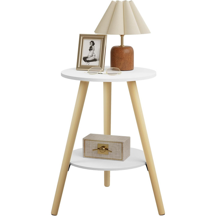 Круглий журнальний столик EUGAD, журнальний столик з 2 полицями, столик для вітальні, тумбочка, сучасний білий колір, маленький столик з місцем для зберігання, столик-диван, виготовлений з МДФ дерева, для вітальні та спальні, 38x55x38 см