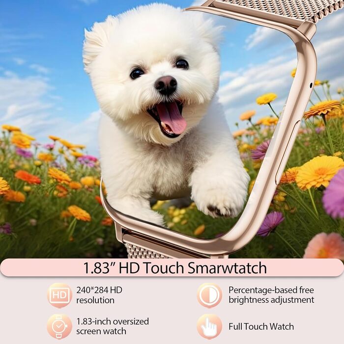 Жіночий смарт-годинник 1,83 дюйма з HD-сенсорним екраном, функцією телефону, фітнес-трекером, понад 120 спортивними режимами, серцевим ритмом, SpO2, вимірюванням артеріального тиску, IP68, монітором сну, смарт-годинник для iOS та Android (рожеве золото)
