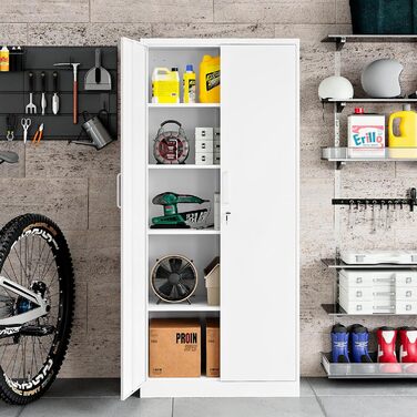 Шафа для документів, шафа для зберігання із замком, сталева шафа, сталева шафка, багатоцільова шафа, металева шафа з 2 дверима для офісу, дому, гаража, спортзалу, школи, 170x78x39 см, білий