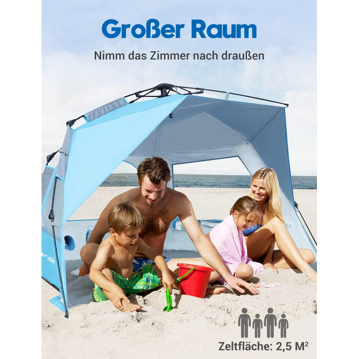 Пляжний намет Glymnis Quick Up, автоматичний пляжний намет, захист від ультрафіолету 50, вітрозахисний, сонцезахисний козирок із системою швидкого складання, невеликий розмір у пакуванні, для 4-5 осіб, синій, BT-ZD02-B, з подовжувальною підлогою