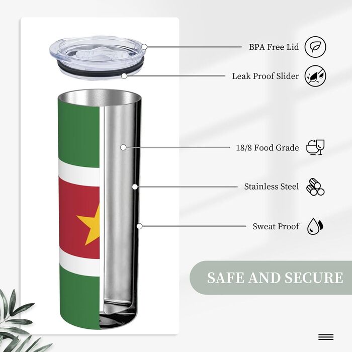 Кухоль з прямою трубочкою, дизайн Прапор Суринаму, друкований, дорожній кухоль, підходить для кемпінгу, офісу та дому, 590 мл