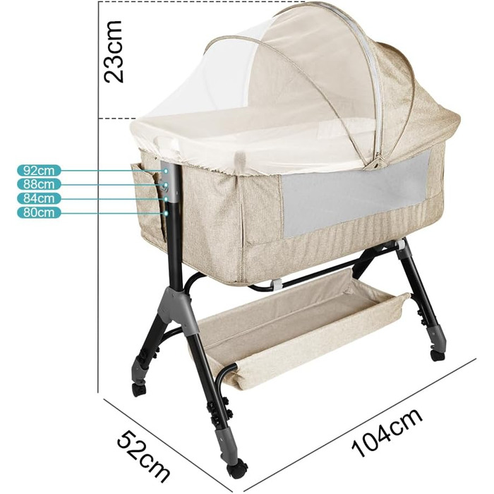 Дитяче ліжечко 3-в-1 приліжкове ліжечко, дитяча колиска та дорожнє ліжечко, 4-рівневе регулювання висоти дитячого ліжечка, що відкидається, дитяче ліжко, колиска для дітей вагою до 25 кг - 104 x 52 x 100-110 см - кремово-білий колір