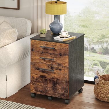 Шафа для файлів HOOBRO на колесах, шафа для документів на колесах з 3 шухлядами, мобільна офісна шафа з підвісними відділеннями для файлів, офісна, темно-коричневий та чорний EBF02WJ01G1 темно-коричневий, чорний