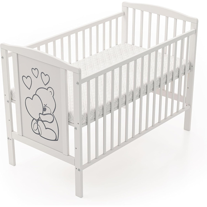 Звичайне дитяче ліжко, дитяче ліжко, ліжко для малюків Timmi з матрацом, виготовлене з масиву дерева, 3 положення регулювання висоти, 60x120 см, біле