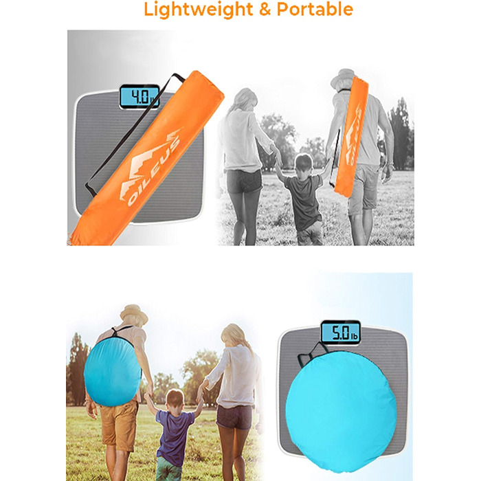 Пляжний намет Oileus XL для 4 осіб портативний намет від сонця для пляжу з сумкою для перенесення, кілочками, 6 мішками з піском, захист від ультрафіолету для риболовлі, походів, кемпінгу, водонепроникний, вітрозахисний, помаранчевий