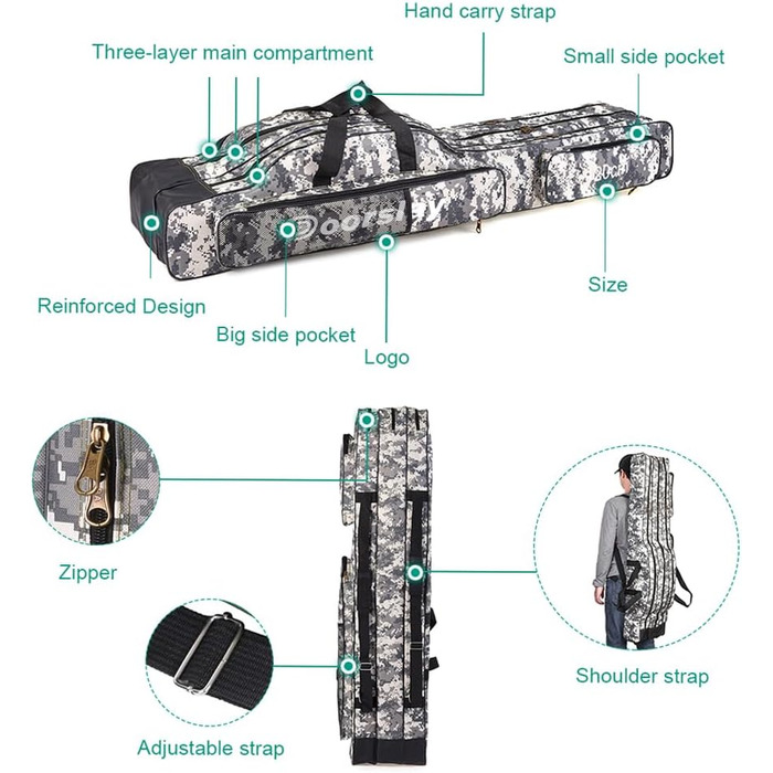 Шарова сумка для риболовлі doorslay, портативна сумка для риболовлі, сумка для вудки, складна сумка для вудки, чохол для вудки, дорожня сумка для зберігання рибальських снастей, 120/150 см (опція) City Camouflage 120 см, 3-