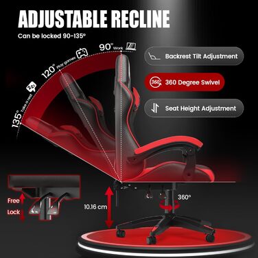 Геймерське крісло, зі штучної шкіри, ігрове крісло для ПК з підголівником та поперековою опорою, регульована висота та нахил, вантажопідйомність 130 кг, ергономічне геймерське крісло для ігор та офісного використання (чорне/червоне)
