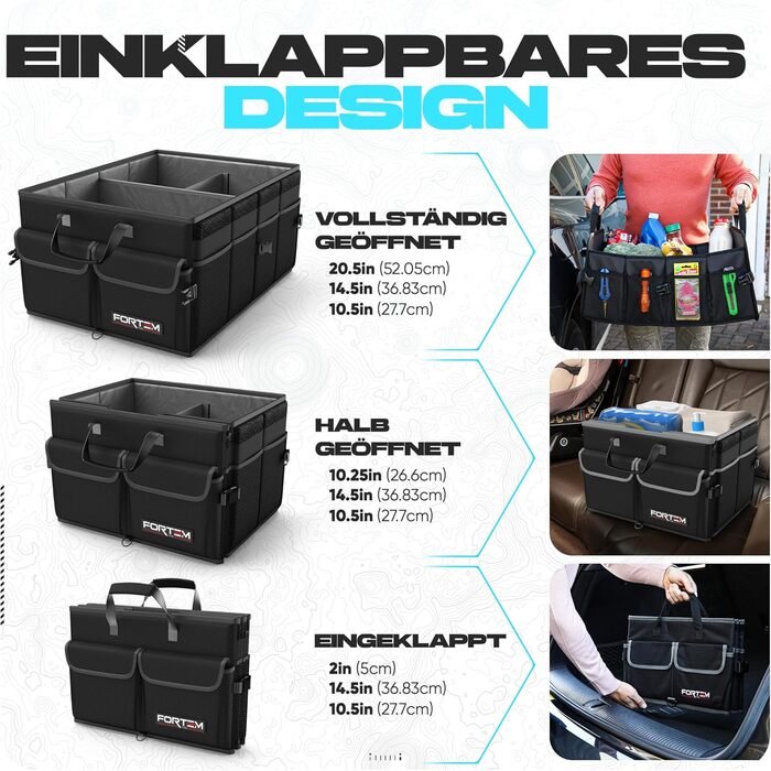 Органайзер для багажника FORTEM, сумка для багажника, складаний автомобільний органайзер з відділеннями, нековзним дном, регульованими ременями фіксації та відкидним кришкою (Чорний) Середній