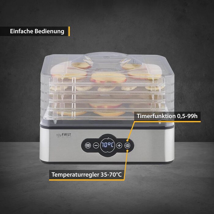Дегідратор TZS First Austria Дегідратор для фруктів, трав, грибів і м'яса цифровий з таймером і регулятором температури 35-70C 5 полиць, полиці з нержавіючої сталі, дегідратор з таймером Полиці з нержавіючої сталі 5 поверхів