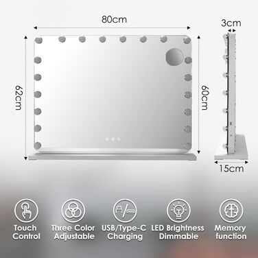 Дзеркало для макіяжу MAMIZO з підсвічуванням, 80 х 60 см, Велике голлівудське дзеркало з підсвічуванням, з USB і Type-C, з можливістю регулювання яскравості, 20 світлодіодів, знімне збільшувальне скло, настінне дзеркало, настільне дзеркало, 3 світлих коль