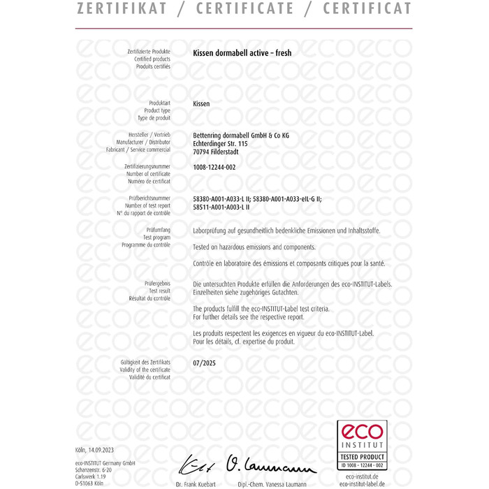 Подушка Dormabell Active Fresh 80x80 см Охолоджуюча та регулює температуру Індивідуально регульована висота наповнення Функціональні волокнисті кульки Можна прати при температурі до 60C Сертифіковано AGR Зроблено в Німеччині