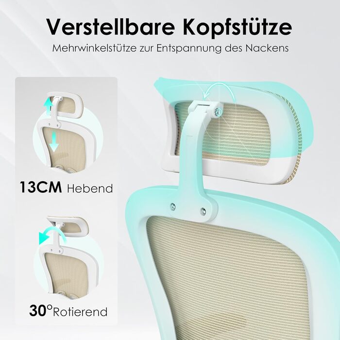 Ергономічне офісне крісло Farini, регульоване по висоті офісне крісло з підголівником, зручне крісло для домашнього офісу, комп&39ютерне крісло, крісло керівника з підлокітниками, вантажопідйомність 150 кг, бежеве комп&39ютерне крісло з колесами та підгол