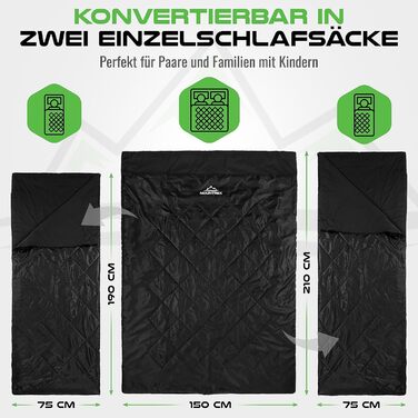 Подвійний спальний мішок MOUNTREX - Літній спальний мішок для 2 осіб (210 x 150 см), Спальний мішок-ковдра - XXL Літній спальний мішок з 2 подушками для дорослих - Кемпінг, на природі та в приміщенні, чорний