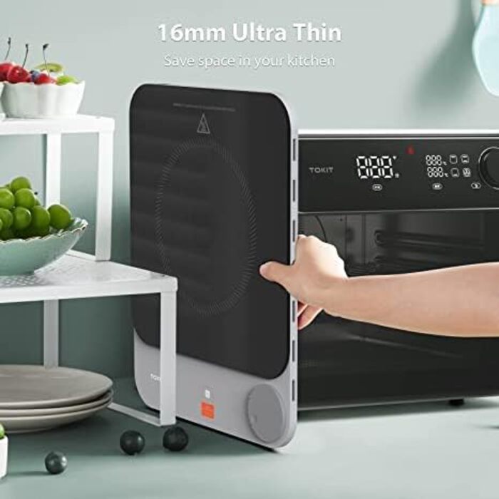 Індукційна плита TOKIT Індукційна плита Автоматичне визначення каструлі 2100 Вт 1-кнопкове керування 16 мм Ультратонка кришталева поверхня су-від подряпин сірого кольору