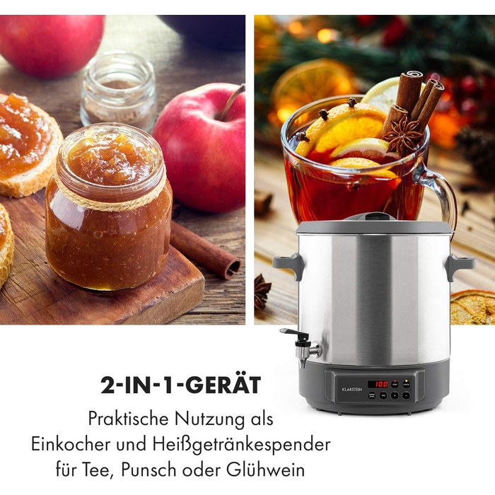 Машина для консервування мармеладу Klarstein Lady Дозатор гарячих напоїв Горщик для консервації, 27 літрів, 1800 Вт, 30-100 C, таймер, функція збереження тепла, захист від перегріву, матова нержавіюча сталь