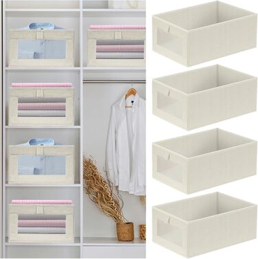 Набір із 4 органайзерів для гардеробу, коробки-органайзери для шафи з прозорими шухлядами, складні коробки для зберігання, 42 x 27,5 x 17 см, для штанів, сорочок, одягу, бежевий стиль 1 4L