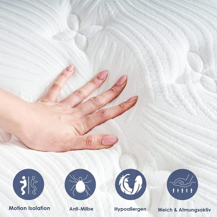 Матрац Suilong Luxury Premium 140x200x30см Жорсткість H3 H4, Виготовлено за німецькими стандартами якості, пружинний матрац з 1000 кільцями кишенькової форми Полегшує біль у спині та попереку - 7 зон H3 140x200x30см