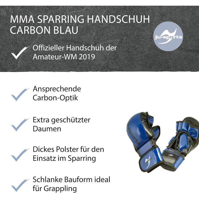 Рукавички для спарингу MMA Ju-Sports Carbon - сині, ПУ Рукавички для всіх видів бою/MMA з накладкою на тильній стороні Міцний захист великого пальця та долоні для тренувань