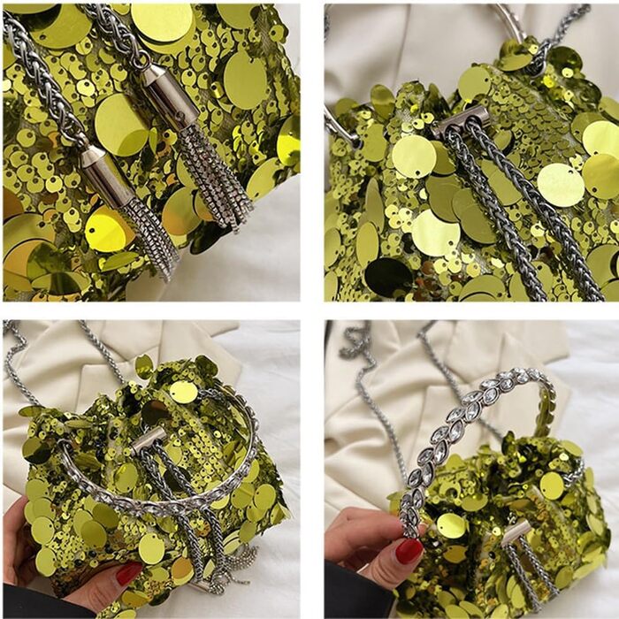 Блискуча вечірня сумочка-відерце з паєтками та металевою китицею. Сумка на шнурку, з ланцюжком, через плече. Чорний, синій.