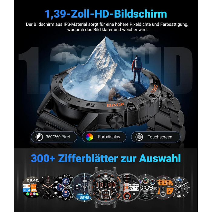 Чоловічий смарт-годинник LIGE з функцією телефону, 1,39-дюймовий військовий смарт-годинник з 24-годинним серцевим ритмом, артеріальним тиском, тривалістю сну, понад 100 спортивними режимами, фітнес-годинник, понад 300 циферблатів, водонепроникний IP67, чо