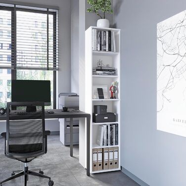 КОМТО Полиця 40 см завширшки Біла - Книжкова полиця з 6 рівнями та полицями з регульованою висотою, окремостояча полиця, полиця для зберігання Книжкова полиця Lumo 40 x 180 x 24 см (Ш x В x Г) 6 рівнів (40Ш x 180В x 24Г) Біла