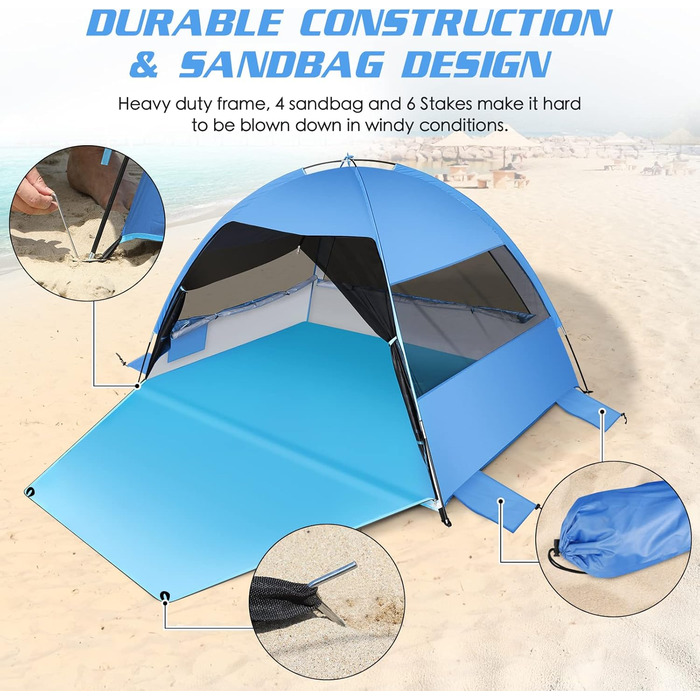 Великий, легкозбірний пляжний намет, із захистом від ультрафіолету, з подовженою підлогою та 3 сітчастими вікнами, що згортаються, для 3-4 осіб, портативний тіньовий намет для активного відпочинку, кемпінгу, риболовлі (синій) Синій 3 особи