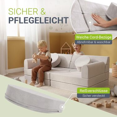 Дитячий диван Juskys Kayo вельветовий, модульний та мякий, диван для дитячих кімнат та ігрових кімнат, безпечний, гнучкий, легко чиститься, зі знімними чохлами бежевий