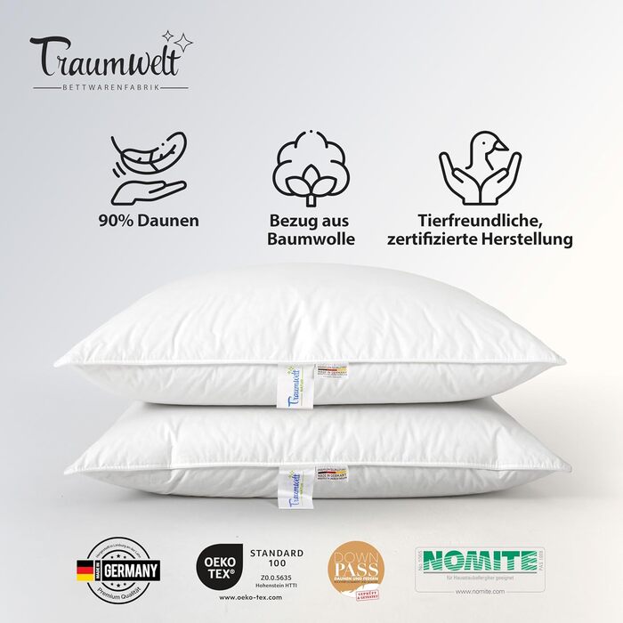 Пухова подушка, виготовлена в Німеччині, 3-камерна, 80x80 см, білого кольору, підходить для алергіків, сертифікована за стандартом Oeko-Tex Standard 100, клас 1, Downpass 80 x 80 см 1