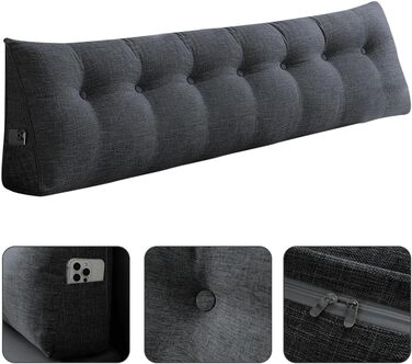 Подушка-клін, трикутна, валик для шиї, велика подушка для спини, бавовна та льон, підставка для читання для ліжка, подушка для читання, знімна (темно-сіра, 200 x 50 x 20 см, бавовна та льон) Темно-сіра бавовна та льон 200*50*20 см