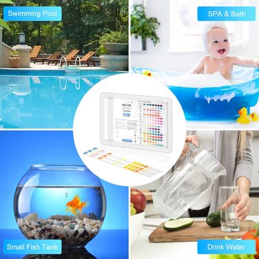 Тестер води Flintronic, 50 шт., 16 тест-смужок для гідромасажу басейну, для загальної жорсткості, загального хлору, брому, вільного хлору, pH, ціанурової кислоти (стабілізатор) та загальної лужності.